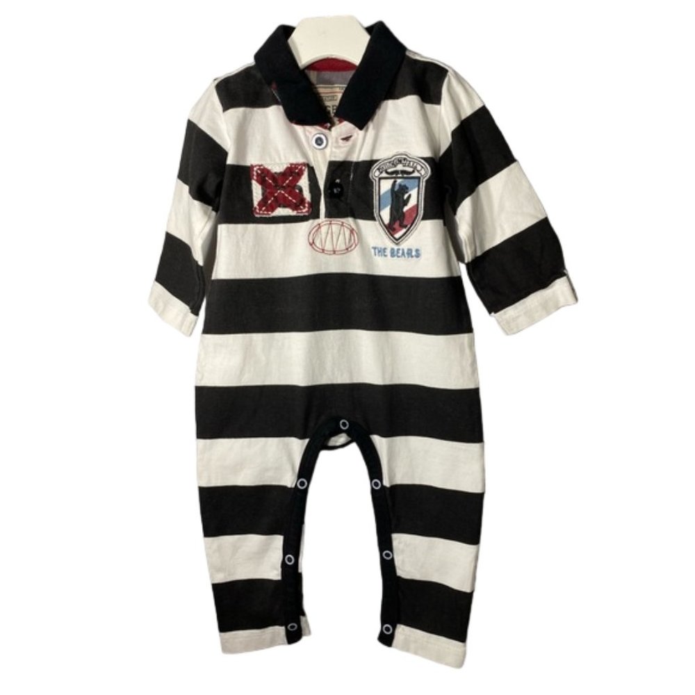 Authentic Hatley Black/White Striped Rugby Style One-Piece Bears Romper 6-12M
